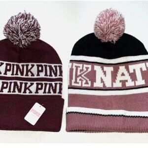 PINK VICTORIAS SECRET Bundle 2 Knit Beanie Hats Pom Pom Logo Burgundy/Rose NWT
